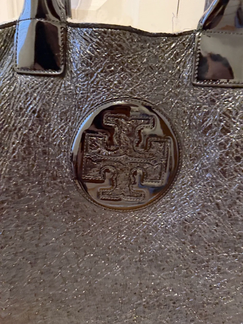 Tory Burch Black Patent Leather & Shearling Large Tote Bag